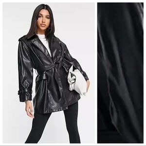 NWT. Mango Black Faux Leather Belted Jacket. Size L.
